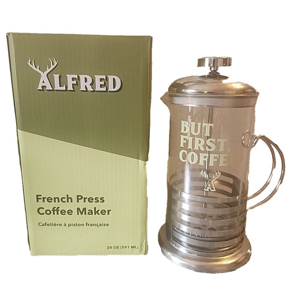 Alfred 20oz Glass French Press Coffee Maker New Open Box But First Coffee